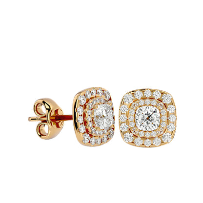 Golden Double Halo Stud Earrings - 2.20 Ct Round Brilliant Cut Diamond