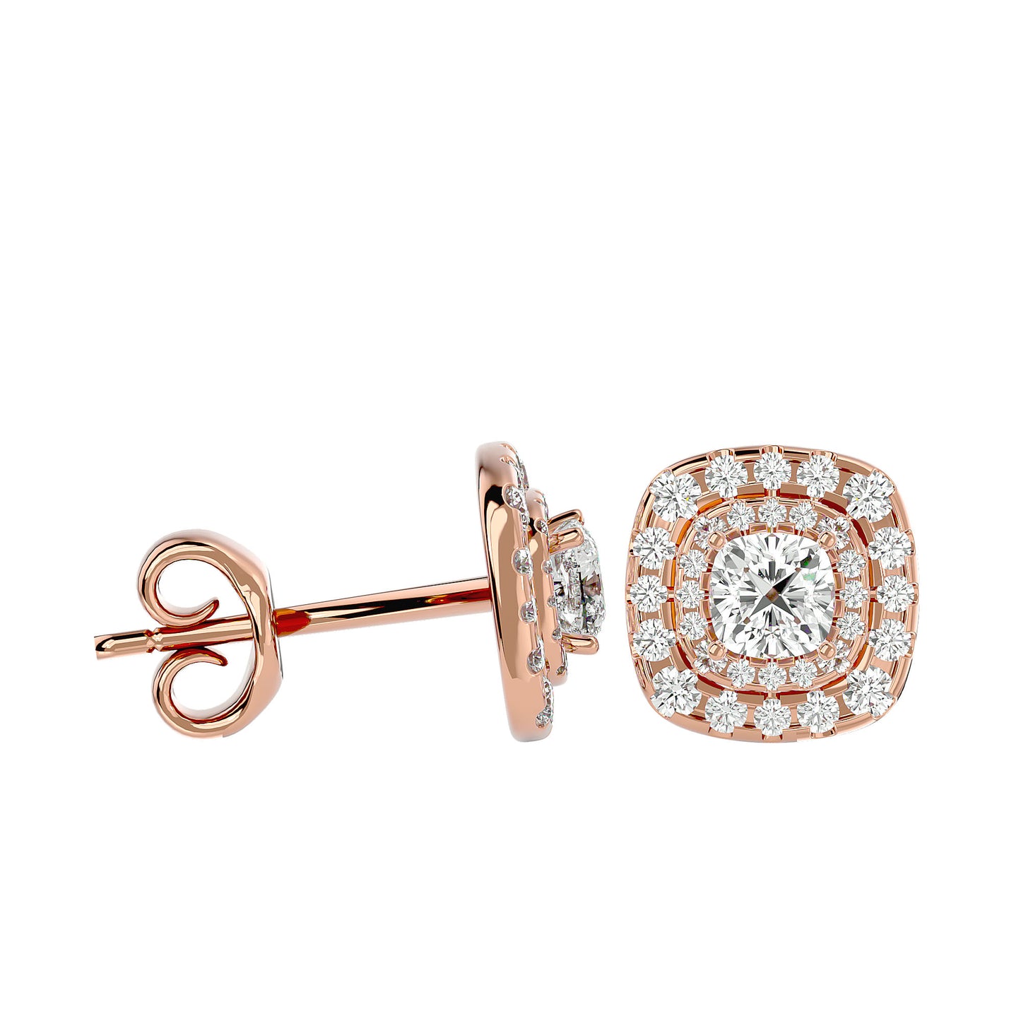 Golden Double Halo Stud Earrings - 2.20 Ct Round Brilliant Cut Diamond