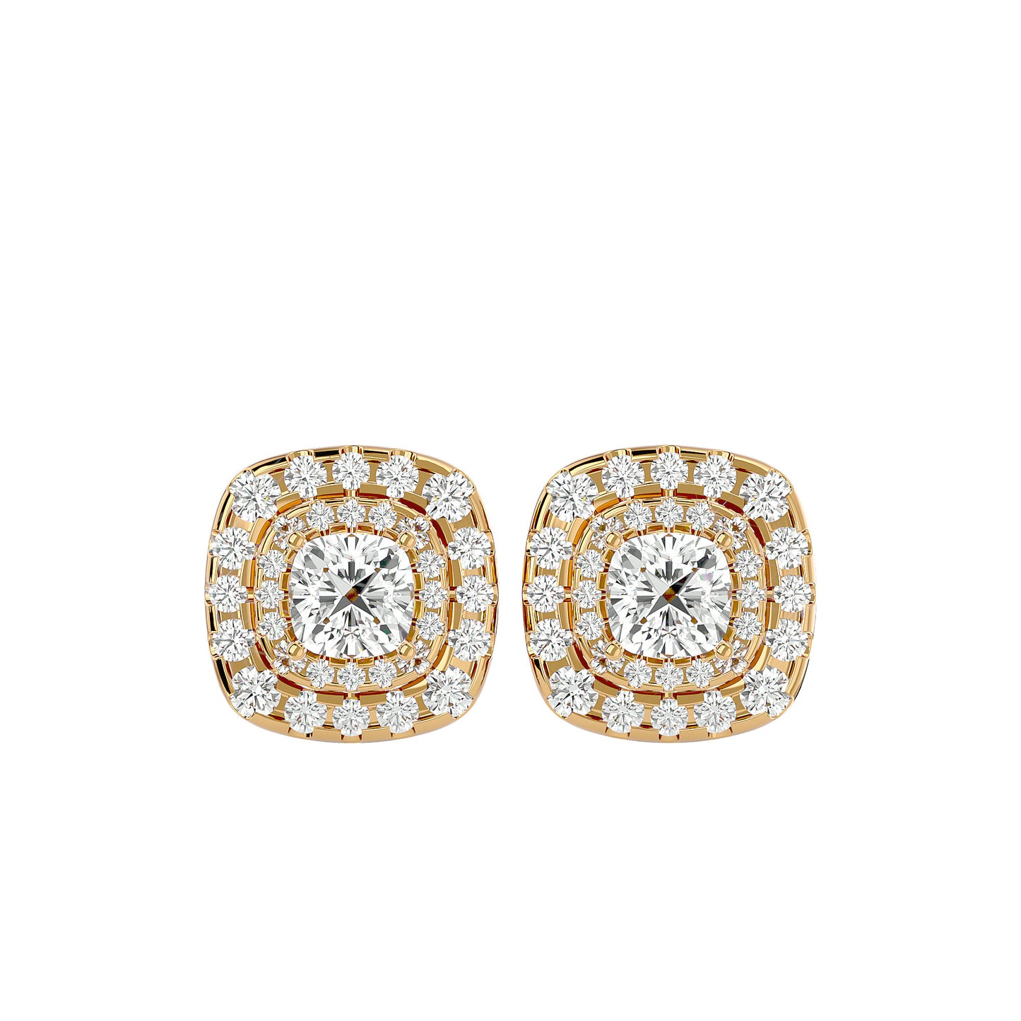 Golden Double Halo Stud Earrings - 2.20 Ct Round Brilliant Cut Diamond