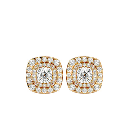 Golden Double Halo Stud Earrings - 2.20 Ct Round Brilliant Cut Diamond