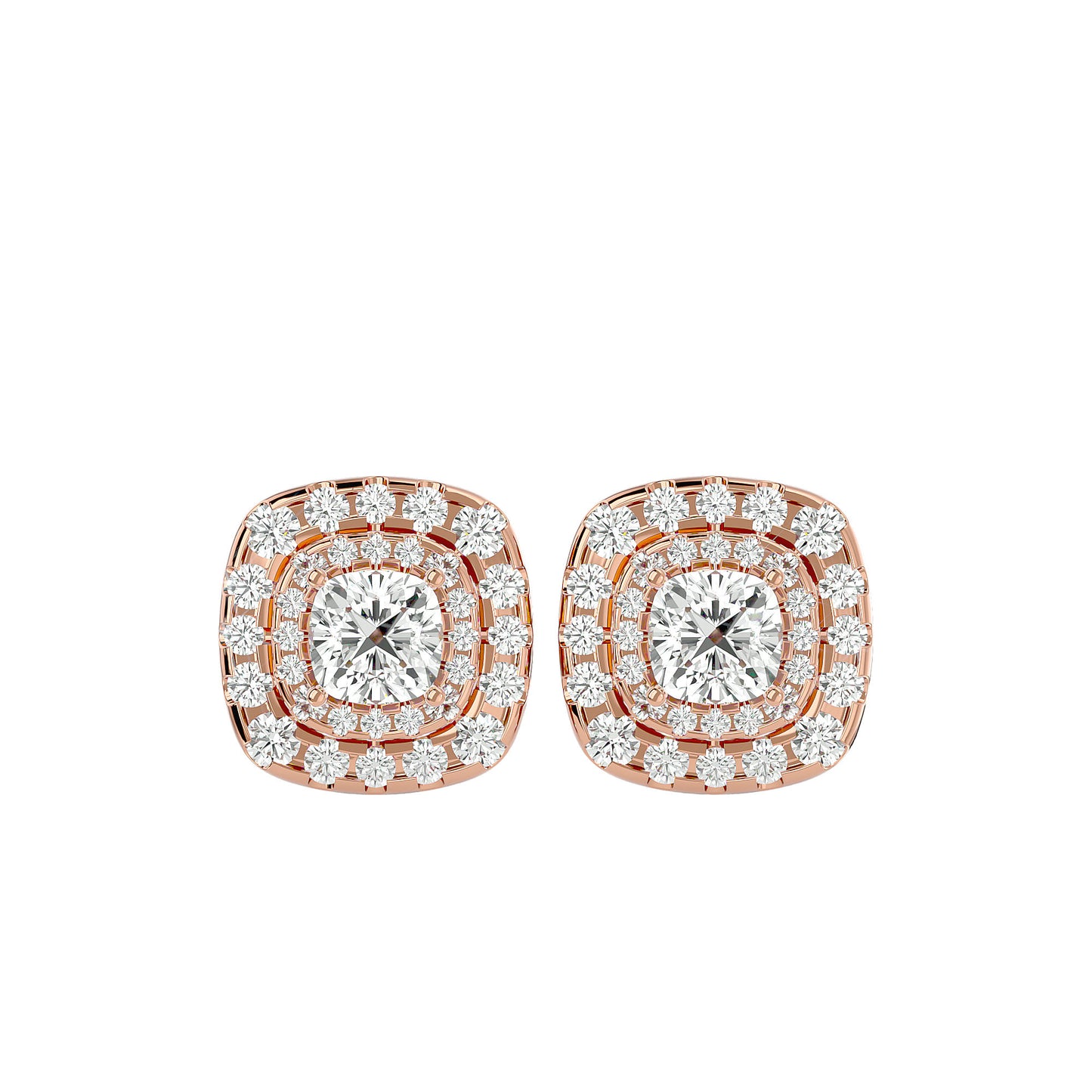 Golden Double Halo Stud Earrings - 2.20 Ct Round Brilliant Cut Diamond