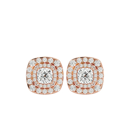 Golden Double Halo Stud Earrings - 2.20 Ct Round Brilliant Cut Diamond