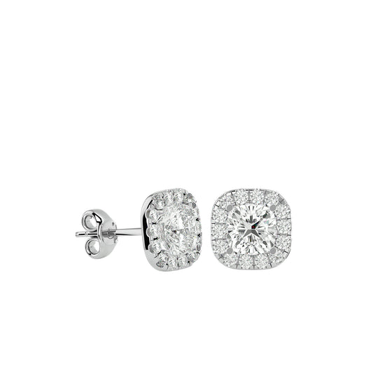 Cushion Halo Diamond Stud Earrings -2.06 Ct Round Brilliant Cut
