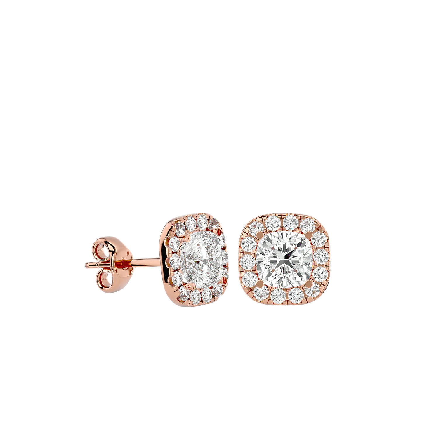 Cushion Halo Diamond Stud Earrings -2.06 Ct Round Brilliant Cut