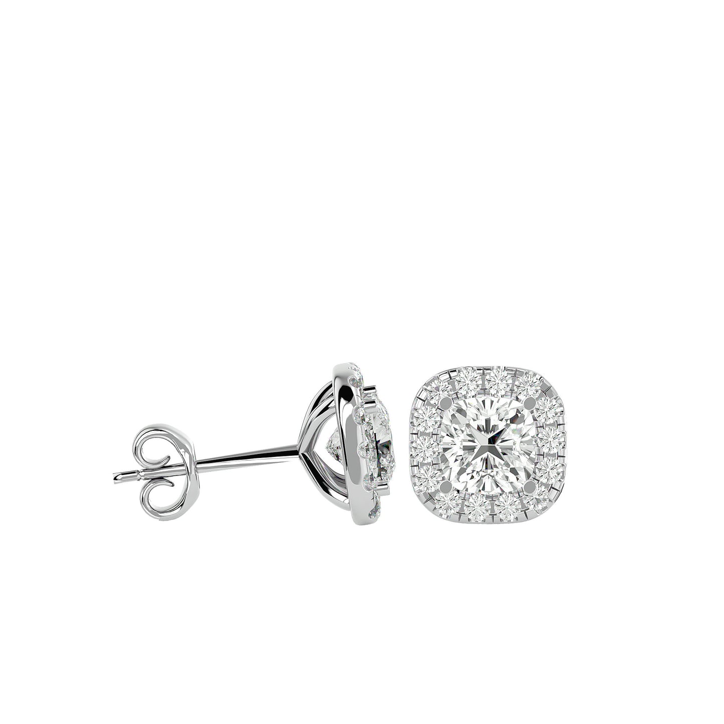 Cushion Halo Diamond Stud Earrings -2.06 Ct Round Brilliant Cut