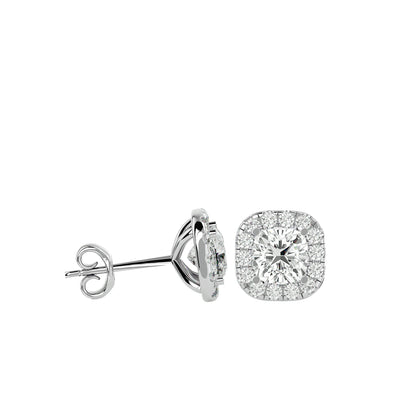 Cushion Halo Diamond Stud Earrings -2.06 Ct Round Brilliant Cut