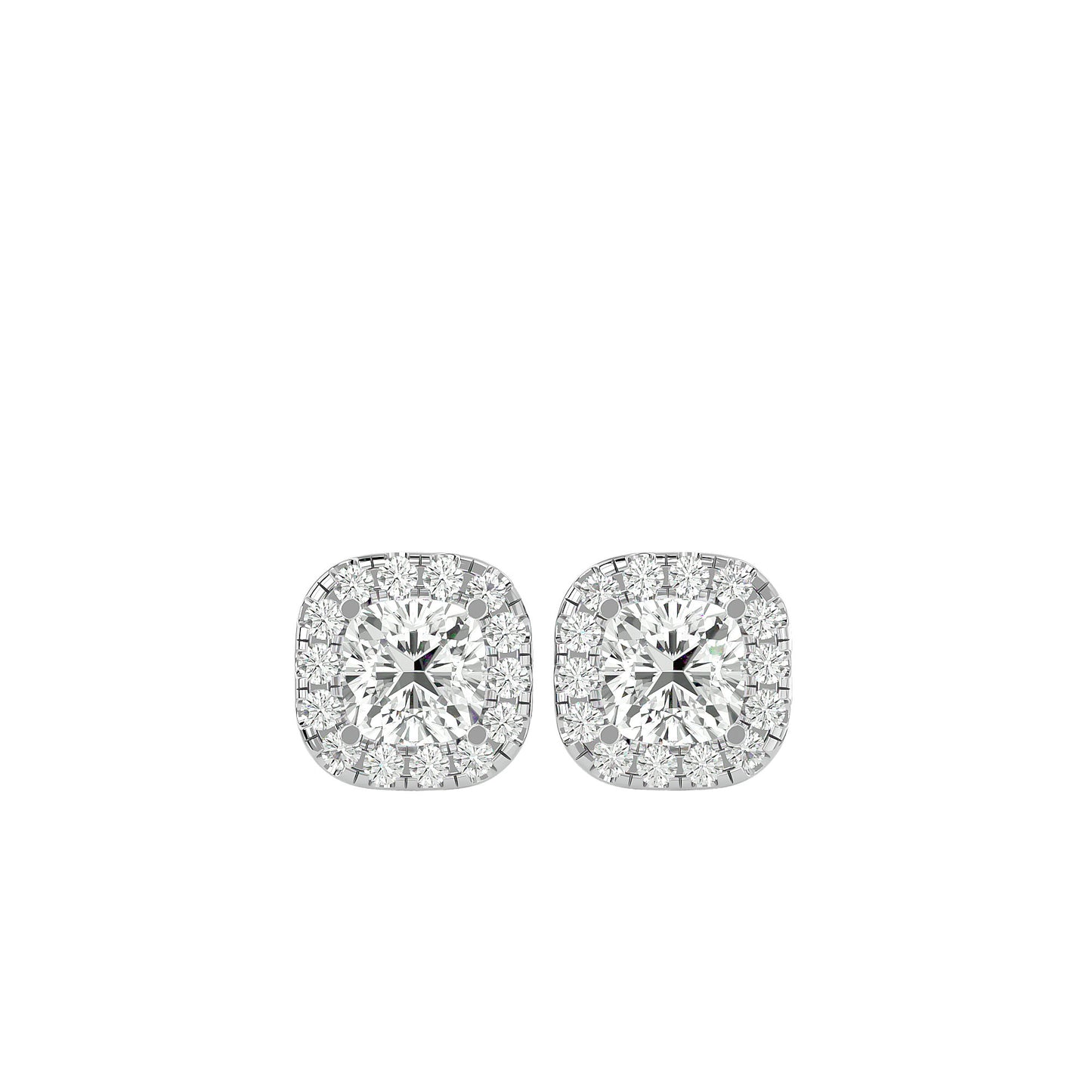 Cushion Halo Diamond Stud Earrings -2.06 Ct Round Brilliant Cut