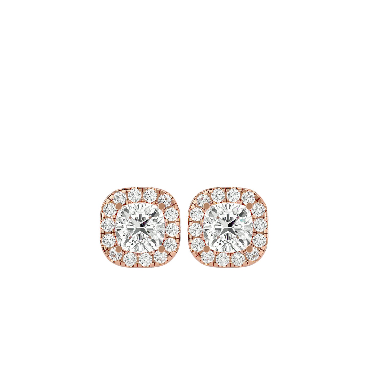 Cushion Halo Diamond Stud Earrings -2.06 Ct Round Brilliant Cut