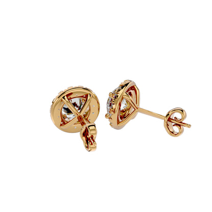 Starlight Edge Round Halo Stud Earrings In Yellow Gold  - 0.99 Ct Round Brilliant Cut Diamonds