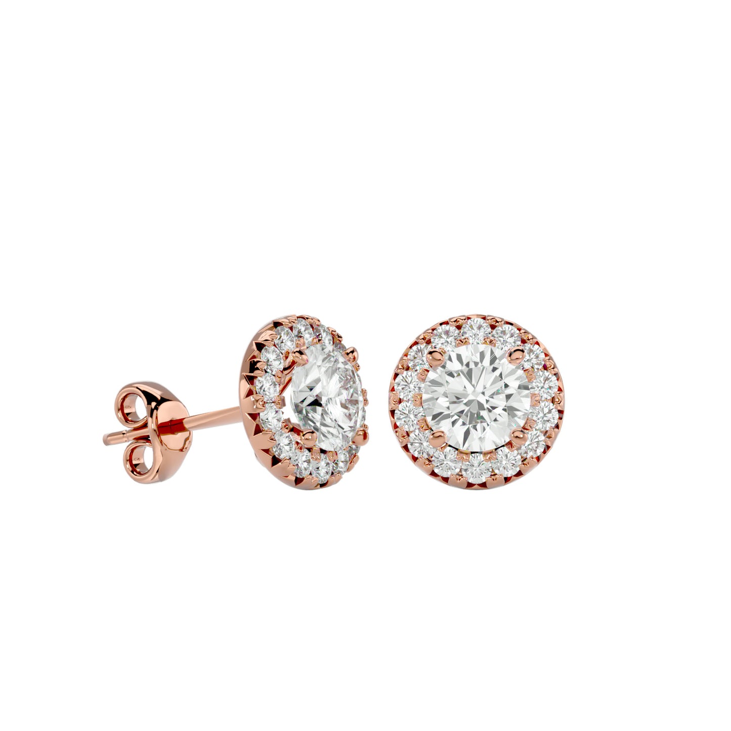 Starlight Edge Round Halo Stud Earrings In Yellow Gold  - 0.99 Ct Round Brilliant Cut Diamonds