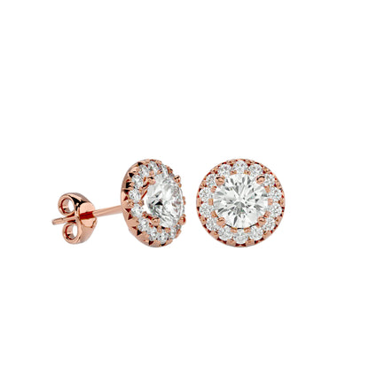 Starlight Edge Round Halo Stud Earrings In Yellow Gold  - 0.99 Ct Round Brilliant Cut Diamonds