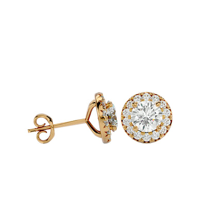 Starlight Edge Round Halo Stud Earrings In Yellow Gold  - 0.99 Ct Round Brilliant Cut Diamonds