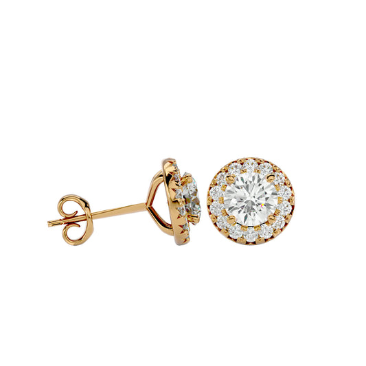 Starlight Edge Round Halo Stud Earrings In Yellow Gold  - 0.99 Ct Round Brilliant Cut Diamonds