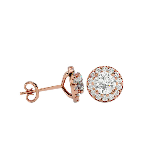 Starlight Edge Round Halo Stud Earrings In Yellow Gold  - 0.99 Ct Round Brilliant Cut Diamonds