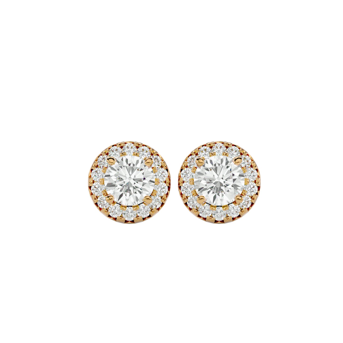 Starlight Edge Round Halo Stud Earrings In Yellow Gold  - 0.99 Ct Round Brilliant Cut Diamonds