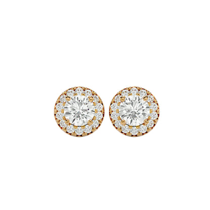 Starlight Edge Round Halo Stud Earrings In Yellow Gold  - 0.99 Ct Round Brilliant Cut Diamonds