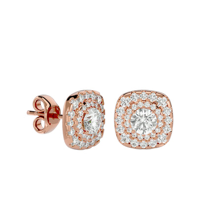 Golden Double Halo Stud Earrings In Rose Gold - 2.06 Ct Round Brilliant Cut Diamonds