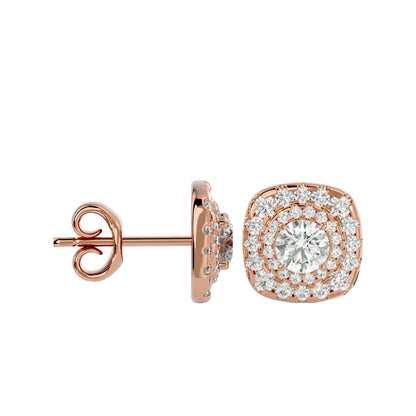 Golden Double Halo Stud Earrings In Rose Gold - 2.06 Ct Round Brilliant Cut Diamonds