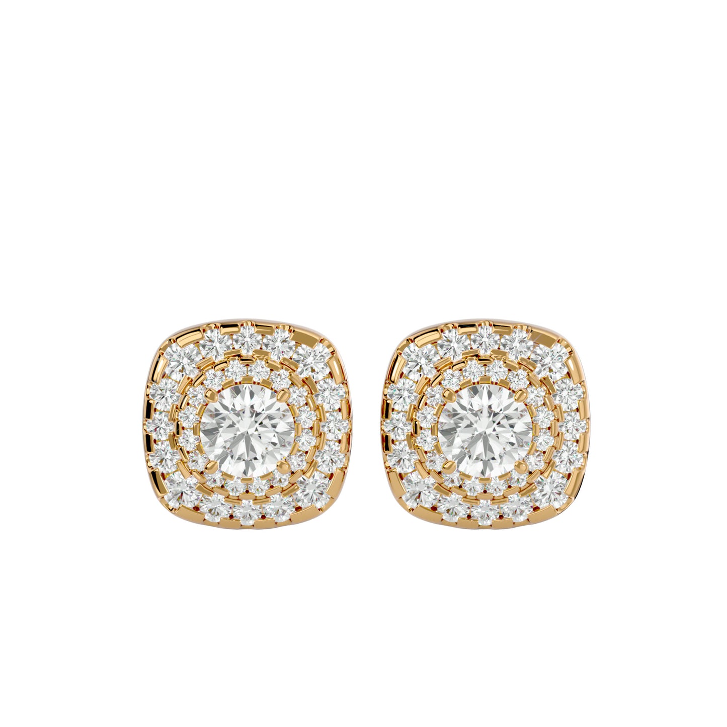 Golden Double Halo Stud Earrings In Rose Gold - 2.06 Ct Round Brilliant Cut Diamonds