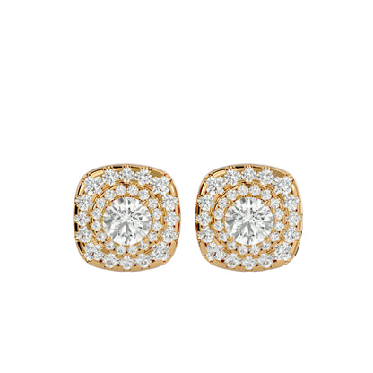 Golden Double Halo Stud Earrings In Rose Gold - 2.06 Ct Round Brilliant Cut Diamonds