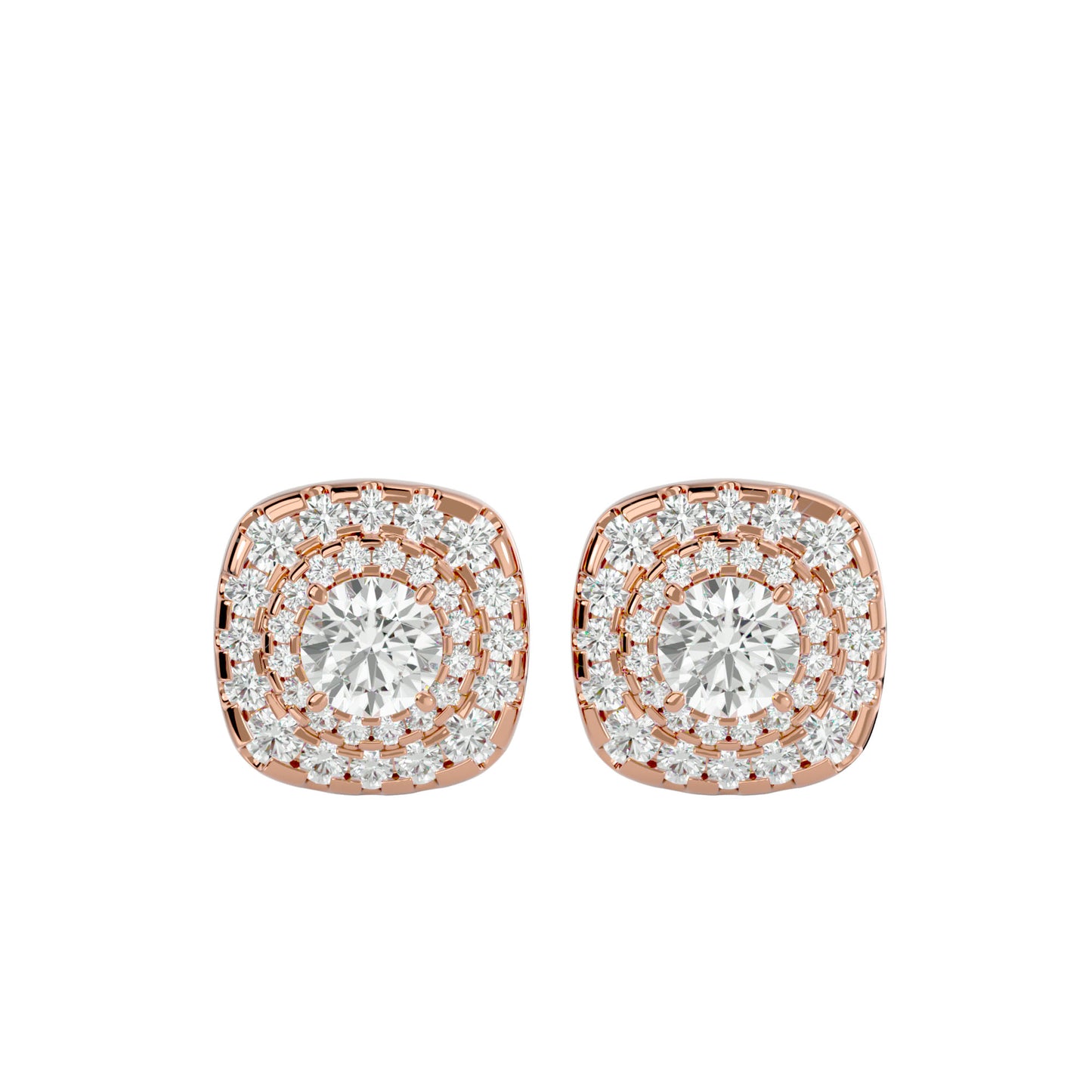 Golden Double Halo Stud Earrings In Rose Gold - 2.06 Ct Round Brilliant Cut Diamonds