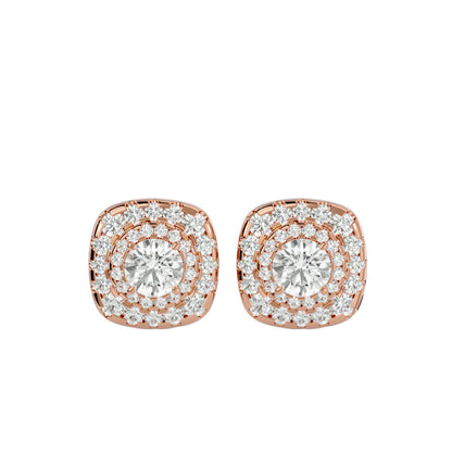 Golden Double Halo Stud Earrings In Rose Gold - 2.06 Ct Round Brilliant Cut Diamonds