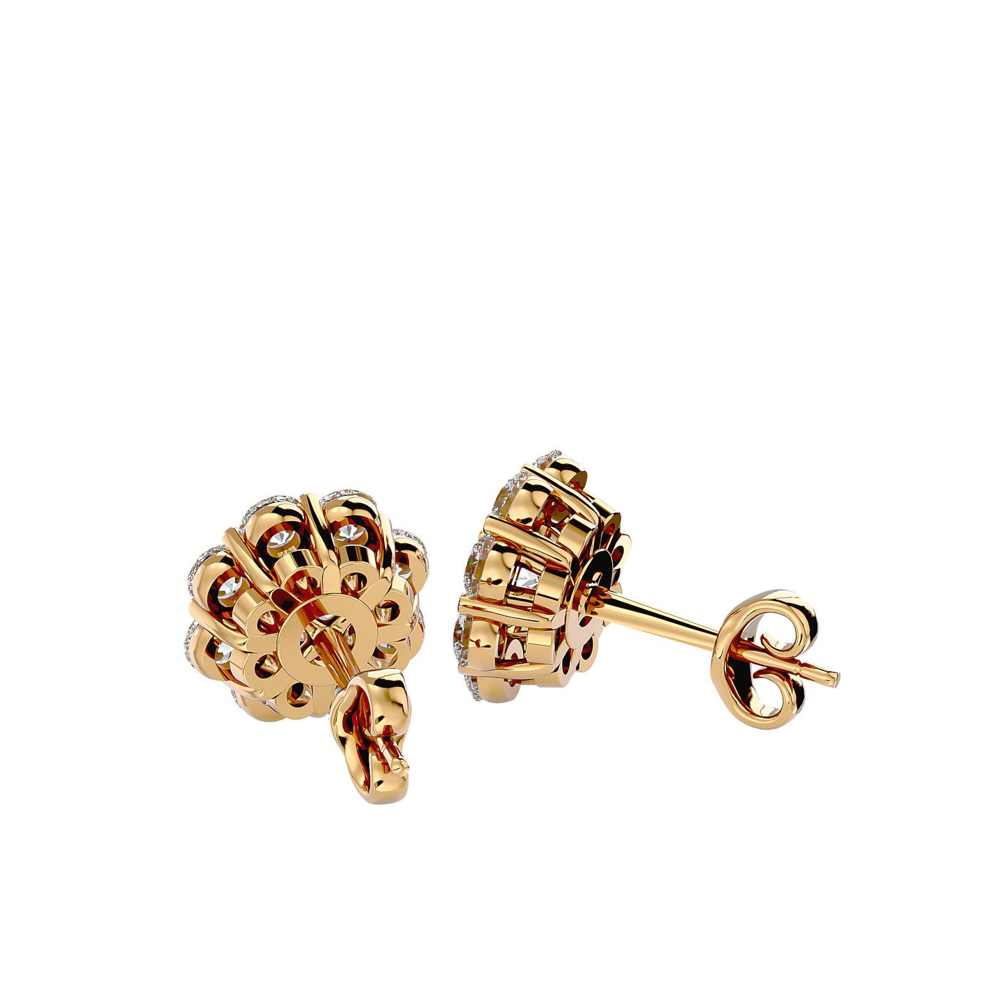 Gold Double Halo Diamond Stud Earrings - 1.87 Ct Round Brilliant Cut