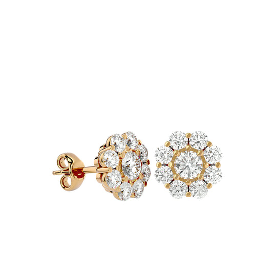 Gold Double Halo Diamond Stud Earrings - 1.87 Ct Round Brilliant Cut