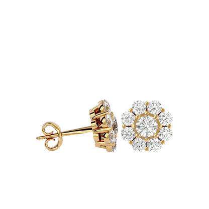 Gold Double Halo Diamond Stud Earrings - 1.87 Ct Round Brilliant Cut