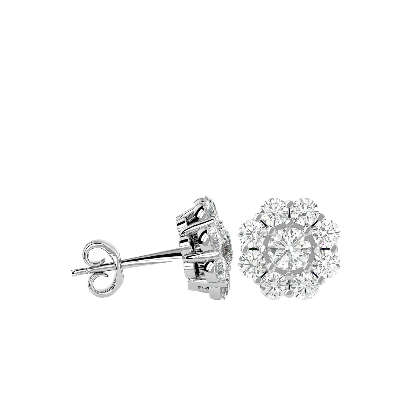 Gold Double Halo Diamond Stud Earrings - 1.87 Ct Round Brilliant Cut