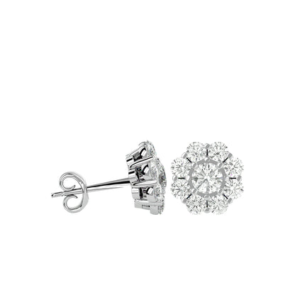 Gold Double Halo Diamond Stud Earrings - 1.87 Ct Round Brilliant Cut