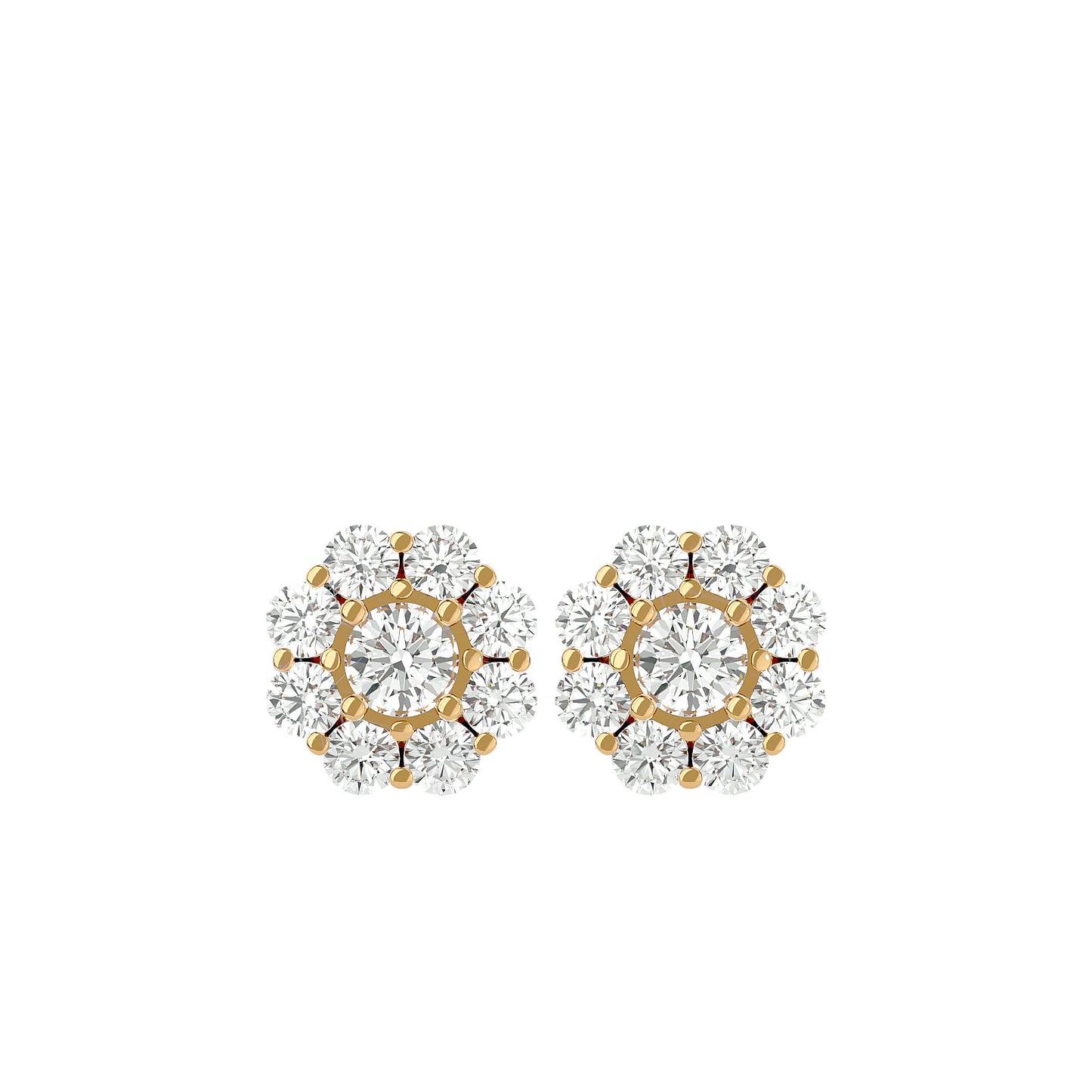 Gold Double Halo Diamond Stud Earrings - 1.87 Ct Round Brilliant Cut