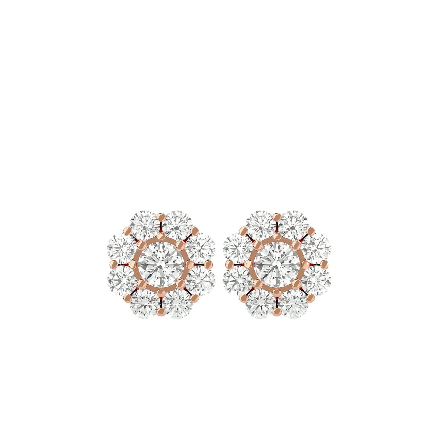 Gold Double Halo Diamond Stud Earrings - 1.87 Ct Round Brilliant Cut