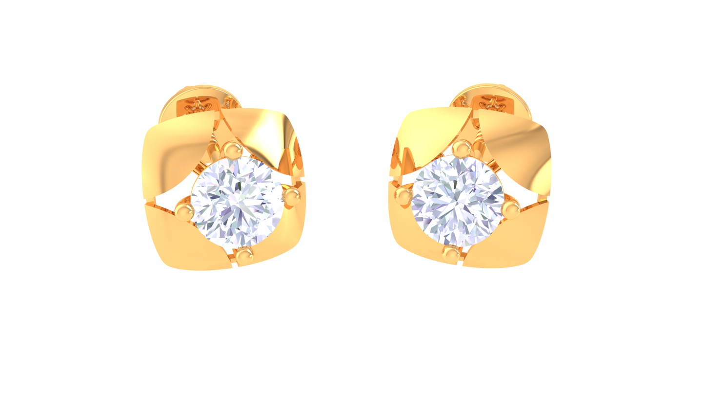 Princess Frame Gold Stud Earrings - 0.39 Ct Brilliant Diamonds