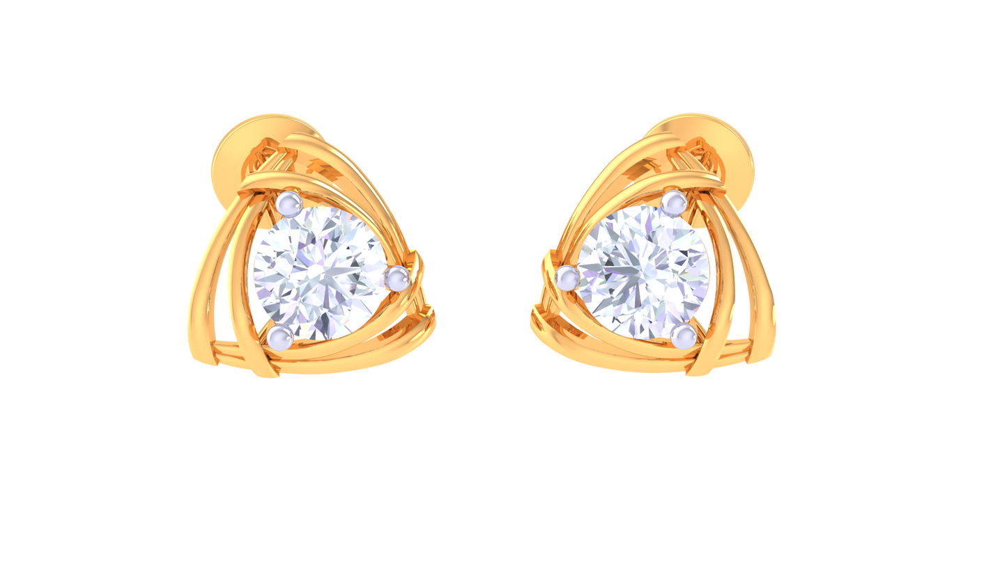 Gold Stud Earrings with Triangular Accent - 0.40 Ct