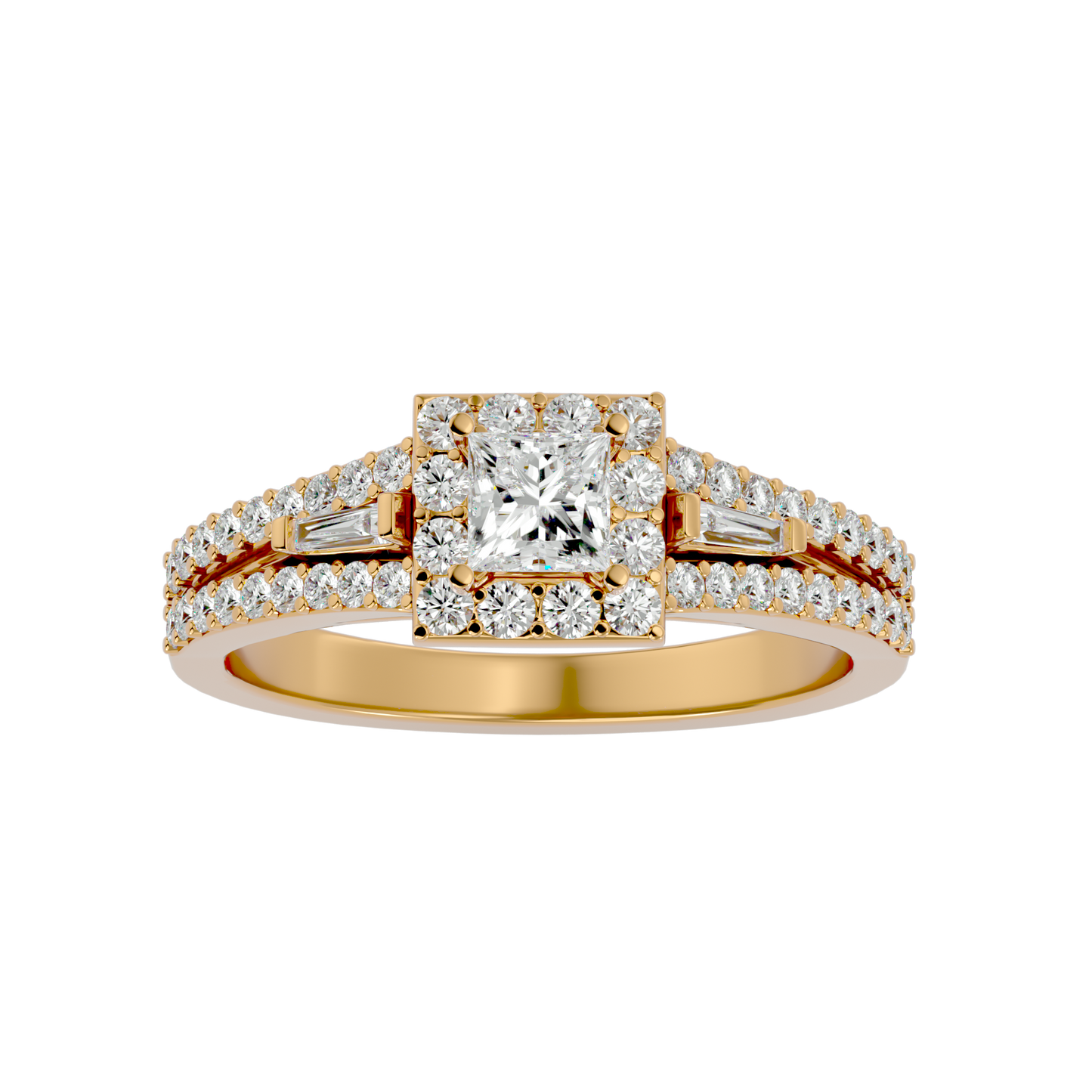 Lumière Beautiful Light Band- 1.00 Ct Princess-Cut Split-Shank Halo with Baguette Accents Diamond Gold Ring
