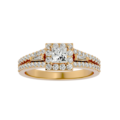 Lumière Beautiful Light Band- 1.00 Ct Princess-Cut Split-Shank Halo with Baguette Accents Diamond Gold Ring