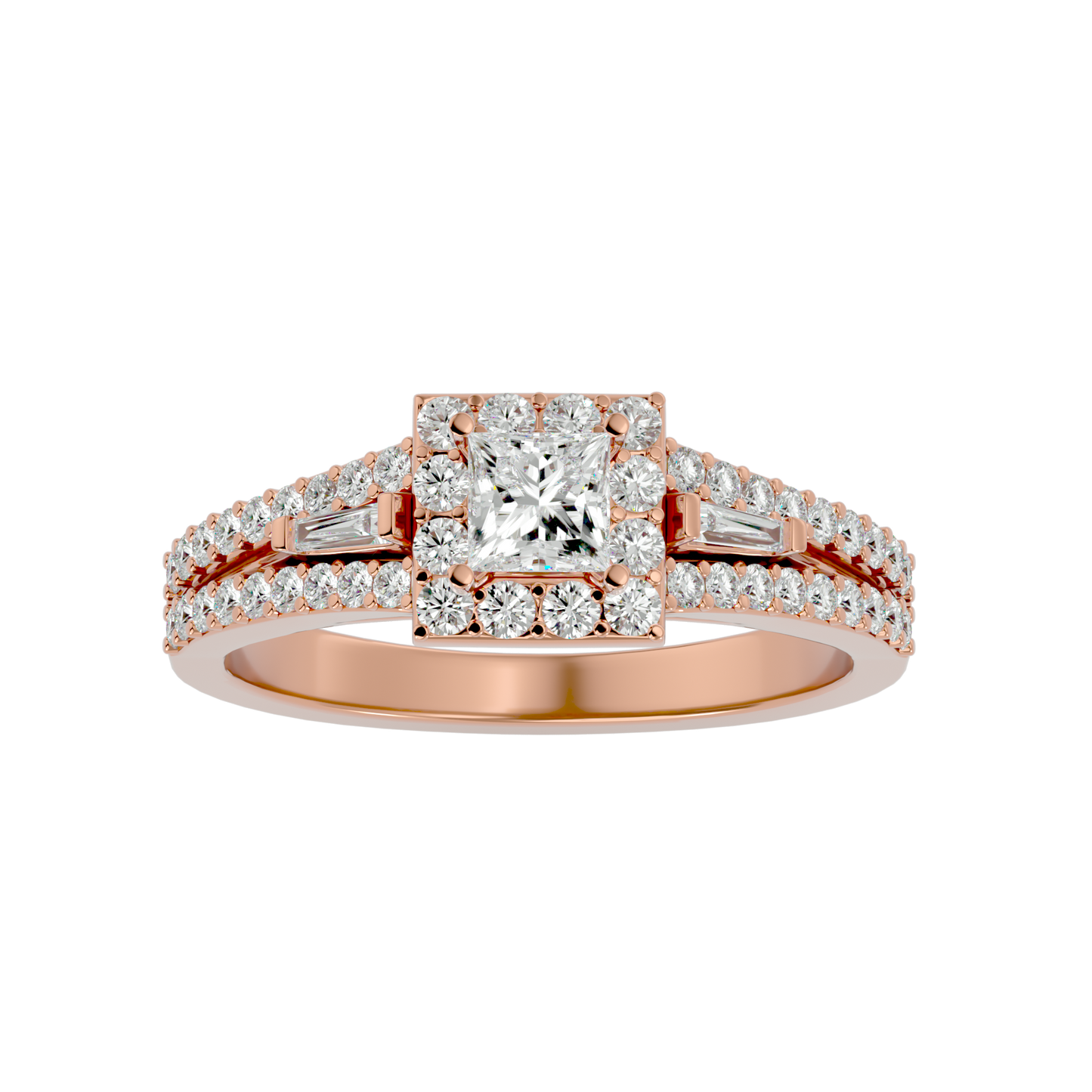 Lumière Beautiful Light Band- 1.00 Ct Princess-Cut Split-Shank Halo with Baguette Accents Diamond Gold Ring