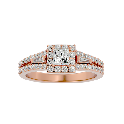 Lumière Beautiful Light Band- 1.00 Ct Princess-Cut Split-Shank Halo with Baguette Accents Diamond Gold Ring