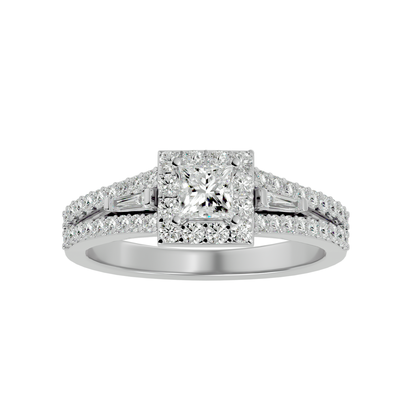 Lumière Beautiful Light Band- 1.00 Ct Princess-Cut Split-Shank Halo with Baguette Accents Diamond Gold Ring