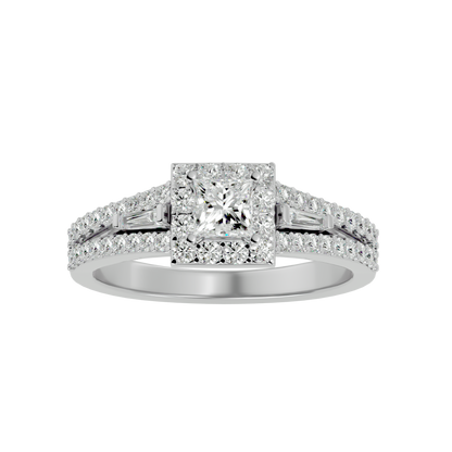 Lumière Beautiful Light Band- 1.00 Ct Princess-Cut Split-Shank Halo with Baguette Accents Diamond Gold Ring