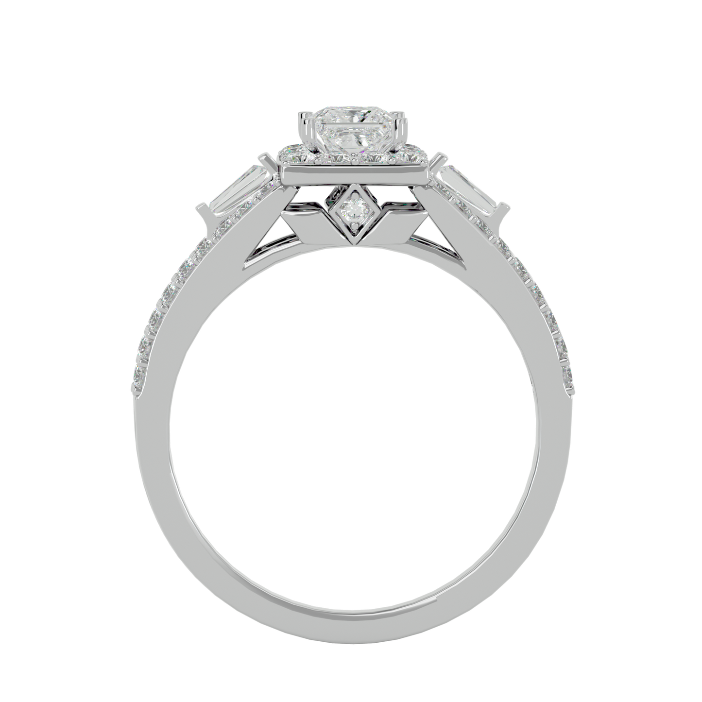 Lumière Beautiful Light Band- 1.00 Ct Princess-Cut Split-Shank Halo with Baguette Accents Diamond Gold Ring