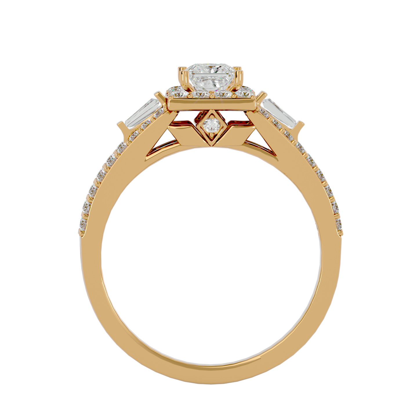 Lumière Beautiful Light Band- 1.00 Ct Princess-Cut Split-Shank Halo with Baguette Accents Diamond Gold Ring