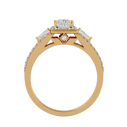 Lumière Beautiful Light Band- 1.00 Ct Princess-Cut Split-Shank Halo with Baguette Accents Diamond Gold Ring
