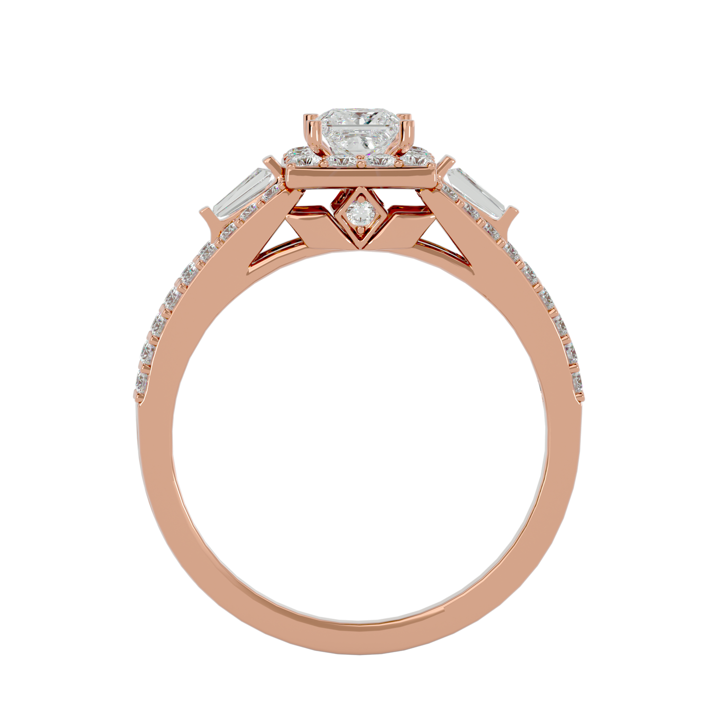 Lumière Beautiful Light Band- 1.00 Ct Princess-Cut Split-Shank Halo with Baguette Accents Diamond Gold Ring