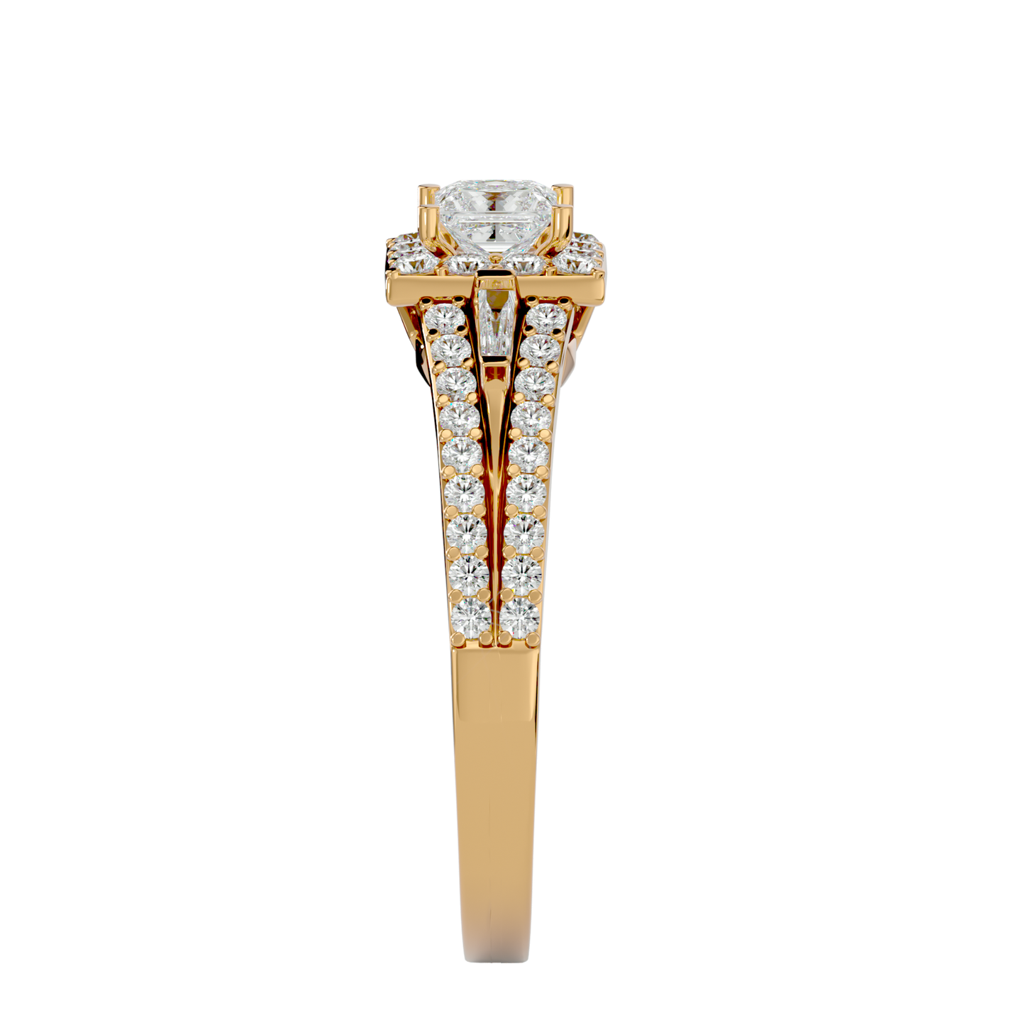 Lumière Beautiful Light Band- 1.00 Ct Princess-Cut Split-Shank Halo with Baguette Accents Diamond Gold Ring