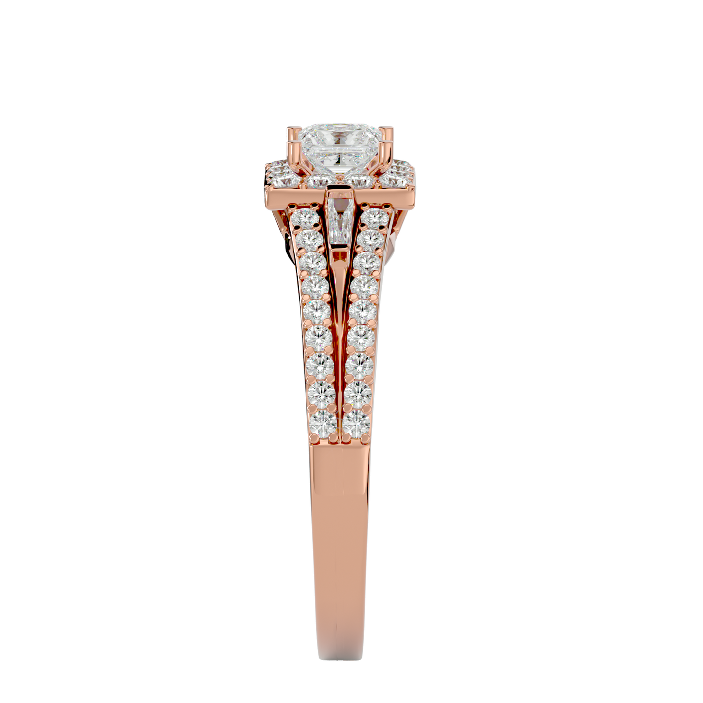 Lumière Beautiful Light Band- 1.00 Ct Princess-Cut Split-Shank Halo with Baguette Accents Diamond Gold Ring