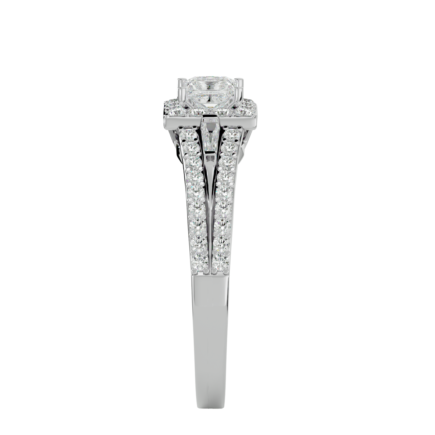 Lumière Beautiful Light Band- 1.00 Ct Princess-Cut Split-Shank Halo with Baguette Accents Diamond Gold Ring