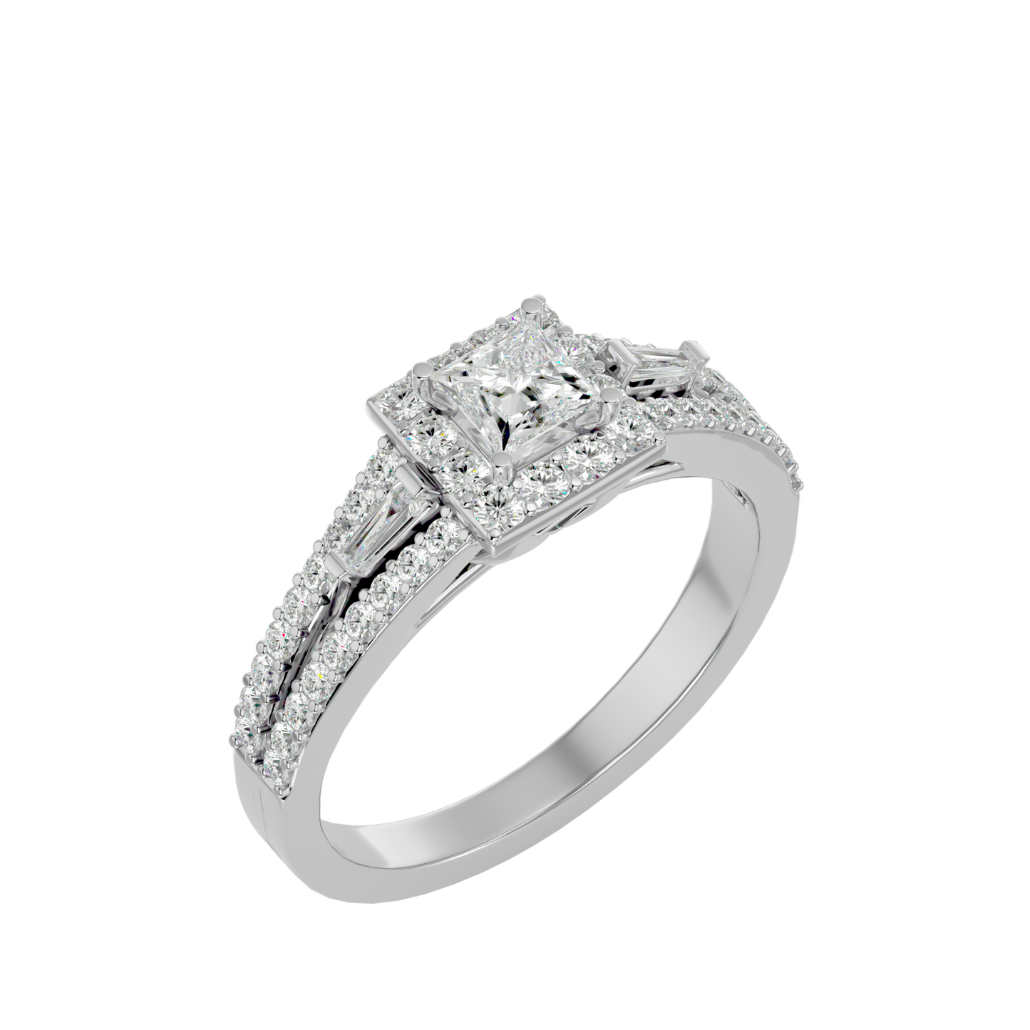 Lumière Beautiful Light Band- 1.00 Ct Princess-Cut Split-Shank Halo with Baguette Accents Diamond Gold Ring