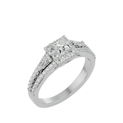 Lumière Beautiful Light Band- 1.00 Ct Princess-Cut Split-Shank Halo with Baguette Accents Diamond Gold Ring